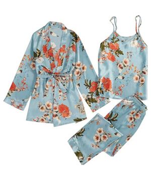 Camisón para mujer, pantalón de tirantes con flores, 3 piezas, chaleco estampado + pijama de satén con entrepierna a presión, lencería Plus