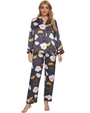 Pijamas de satén para Mujer Botones de Pijama para Mujeres Saten Conjuntos de Manga Larga Florales Ropa de Dormir de señora de salón Suaves