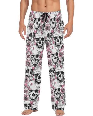 Pantalones de pijama rosa con flores de calavera para hombre, pantalones de salón S