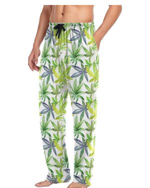 Pantalones de pijama para hombre, patrón de flores silvestres de cannabis en un estilo acuarela para hombre, pantalones de descanso, pantalones relajados para dormir, multicolo