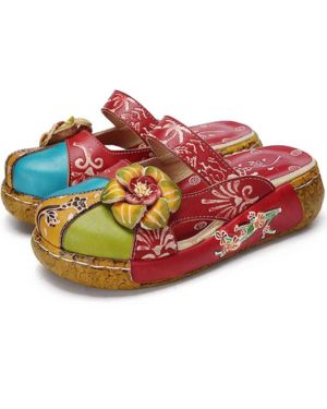 Sandalias planas de piel con diseño de flores, estilo vintage, estilo bohemio, con plataforma, para mujer