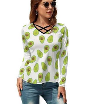 Camiseta de manga larga para mujer, diseño de aguacate, informal, con cuello en V