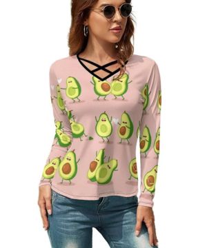 Camiseta de manga larga para mujer, diseño de aguacate, informal, cuello en V