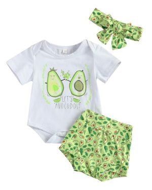 Bebé Niña 3 Piezas Conjunto de Ropa Verano para Recién Nacida Top Mameluco Blanco de Manga Corta con Estampado de Aguacate + Pantalones Cortos Verde + Diadema con Bowknot Casual