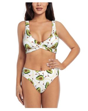Divertido traje de baño para mujer con estampado de aguacates de dibujos animados, conjunto de bikini de cintura alta