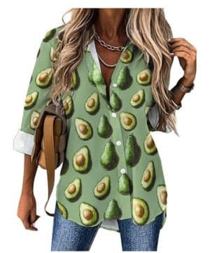 Linda camisa con botones de 1 estampado de aguacate para mujer, camisa de manga larga con botones, blusa casual