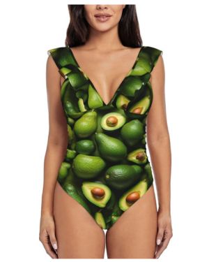 Traje de baño con estampado de aguacate para mujer, con volantes, cuello en V, detalles de cordones, para control de abdomen