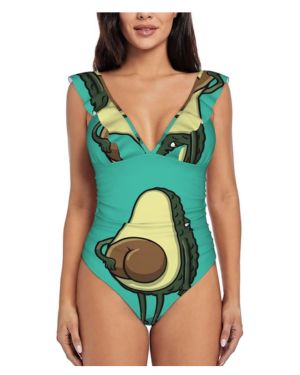 Traje de baño de una pieza con estampado de aguacate para mujer, con volantes, cuello en V, control de abdomen