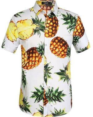 Camisa Manga Corta de Algodón Estampado de Piñas Tropical Estilo Hawaiano de Hombre