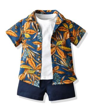 3 Piezas Bebés Verano Ropa Conjunto Hawaiano Floral Estampado Camiseta + Blanco Top + Bermudas Cortos