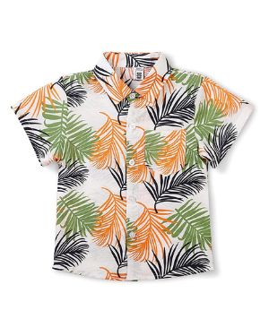 Aeslech Little & Big - Camisa Hawaiana con Botones y Estampado Ligero para niño, Hojas Blancas, 8-9 Años