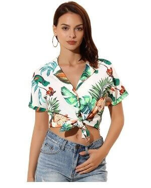 Allegra K Camisa Estampada con Hojas Florales Hawaianas Manga Corta Botón Abajo Vintage Blusa Top Playa para Mujeres