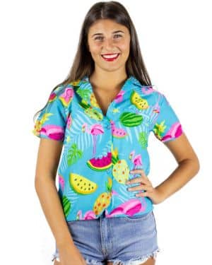 Blusa hawaiana para mujer, estilo casual, con botones, muy ruidosa, manga corta, flamencos