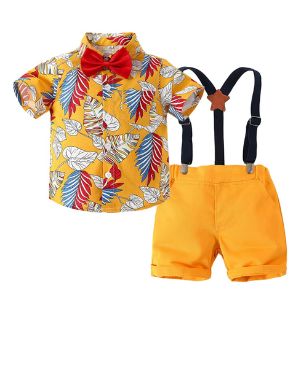 Conjunto 3 Piezas Trajes Verano bebé Camisa Hawaiana Manga Corta con Estampado Floral con Pajarita+Pantalones Cortos Playa Fiesta Vacaciones Caballero 9 Meses-6 años - - copia