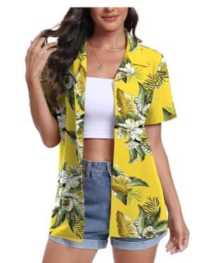 DEARCASE Camisas Hawaianas para Mujer de Manga Corta con Cuello en V Estampado Floral Trópico Suave Camiseta de Playa de Verano