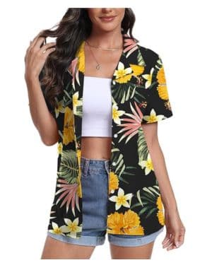 DEARCASE Camisas Hawaianas para Mujer de Manga Corta con Cuello en V Estampado Floral Trópico Suave
