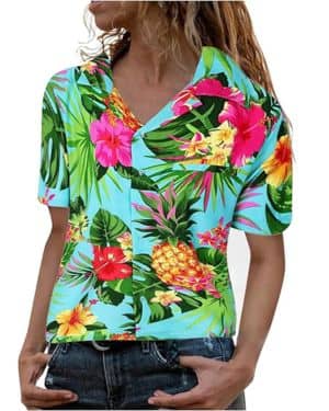 Gyaimxfu 2024 Camisa Hawaiana Funky para Mujer Estampado de Piña y Hojas Floral Blusas