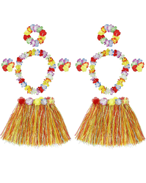Falda de Hierba Hawaiana con Elástica Flores Disfraces Guirnalda Diadema Pulsera Collar para Niñas Mujer Fiesta Hula Luau Accesorio 2 Sets