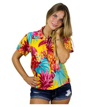 Blusa hawaiana informal y divertida para mujer, con bolsillo frontal con botones, manga corta, para fiesta, vacaciones, piña