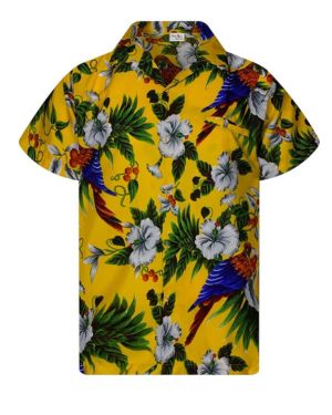 Camisa hawaiana casual Funky para niños y niñas, bolsillo frontal, muy fuerte, manga corta, unisex, estampado de loro cereza