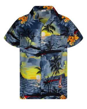 Camisa hawaiana casual para niños y niñas, bolsillo frontal, manga corta, unisex, estampado de surf y playa