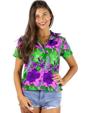 King Kameha Blusa hawaiana Funky Camisa Hawaiana Mujer Manga Corta Bolsillo Frontal Estampado Hawaii Flamencos