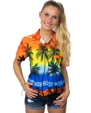 Blusa hawaiana para mujer, estilo casual, muy llamativa, con botones y manga corta
