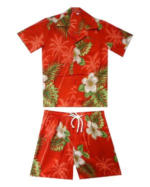 Original King kameha Funky Hawaii Camisa y pantalones 2 piezas Cabana Niños 2 – 8 años, Print Flores Hojas Palmeras Hawaii, color rojo