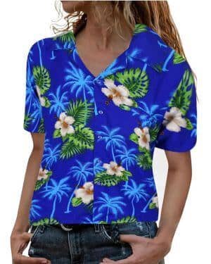 Blusa hawaiana para mujer, con bolsillo frontal, estampado de flores, a la moda, elegante, con botones, casual, blusa blanca de manga larga