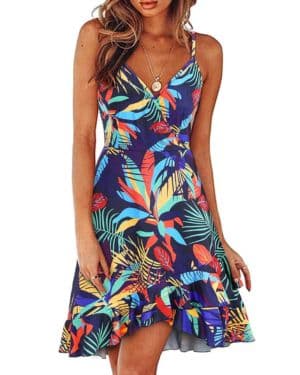 ULTRANICE Vestido de Verano para Mujer con Cuello en V y diseño Floral Ajustable con Volantes