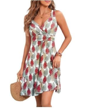 Vestido de verano para mujer, cuello en V, sin mangas, estampado floral, ligero, vestido de playa