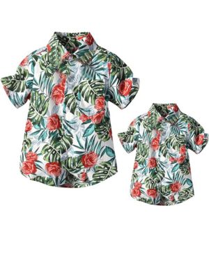 Camisas Hawaianas Familiares para Padre e Hijo Ropa de Playa a Juego con Estampado de Hojas Florales Tropicales