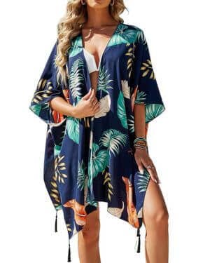 Playa Traje de baño Capas Mujer Cover Ups Gasa Estampado Floral Kimono Suelto Chal Cárdigan Boho Playa Verano V