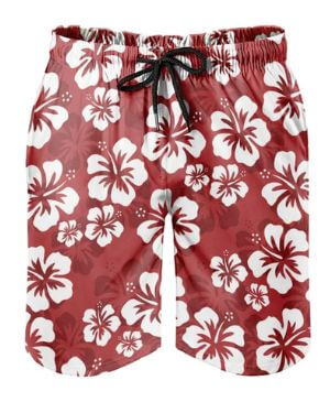 Bañador para hombre, diseño hawaiano con flores de hibisco, color rojo, clásico, impresión 3D con forro de malla, pantalones cortos de surf con bolsillos de cordón