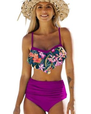 Bikinis Mujer Top con Volantes Braga de Color Liso Traje de Baño Cintura Alta Bañador Mujer Reductor Barriga