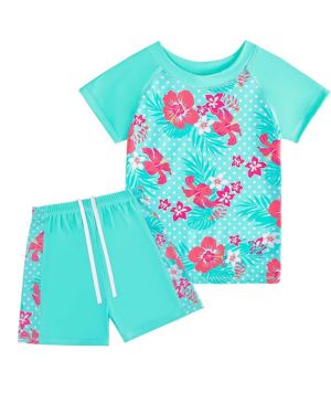 Traje de baño de niña de 2 Piezas con Estampado de Escamas de pez de Manga Corta + Pantalones Cortos 4-5 años