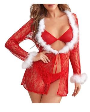 Conjunto Lencería Navideña para Mujer Estilo Babydoll Rojo con Encaje Papá Noel Minifalda Negligé Ropa Interior Transparente