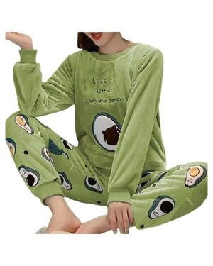 Conjunto Pijama Mujer,Invierno Señoras Suave Ropa De Dormir Térmica Encantadora Caricatura Aguacate Verde Manga Larga Cuello Redondo Tops Pantalones Casual Loungewear