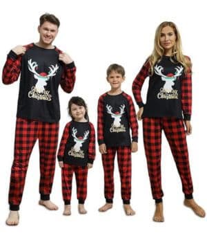 Pijamas Navidad Familia-Pijamas Navidad Familia con Estampado de Reno con Gorro de Papá Noel, Pijamas Familiares Navideños a Cuadros Rojos