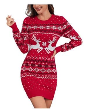 Litherday Vestido Navidad Mujer Suéter Navidad Largo con Renos y Copos de Nieve Jersey Navideño