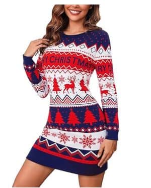 Vestido de Punto Mujer Invierno Navidad Vestidos de Jersey Navideño Manga Larga Elegante Cuello Redondo