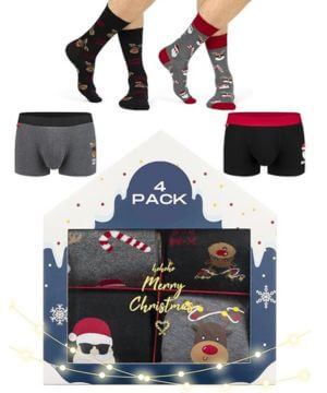 Navidad Calzoncillos Hombre Boxer + Calcetines Divertidos Regalos 40-45 4 Pack 3 Tamaños