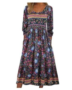 ABINGOO Mujere Vestidos de Otoñal Cuello Redondo Manga Larga Vestido Bohemio Floral Vestido de Playa Casual Midi Vestido Largos con Bolsillos