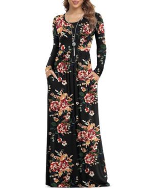 Anelune Vestidos largos de manga larga para mujer, holgados, lisos, talla grande, vestidos largos casuales con bolsillos