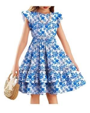 Arshiner Niñas Vestido Mangas Voladoras Verano Niños Algodón Vestido Ocio A-Line Elegante Swing Vestidos de Fiesta