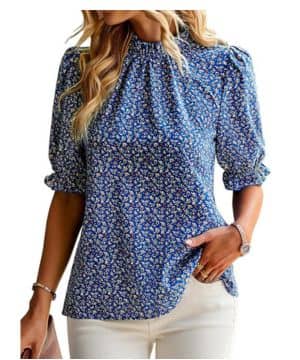 Awemeal Blusa boho de verano para mujer, elegante, con volantes, cuello alto, túnica, volantes, manga corta, informal