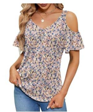 Camiseta de manga corta con hombros descubiertos para mujer, estilo casual, holgada, cuello en V, floral