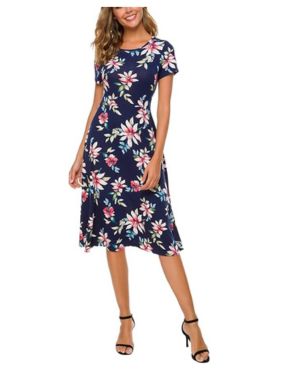 Clásico Estampado Floral Cintura Alta Midi Vestido de Mujer Elegante Manga Corta Largo Vestido