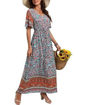 GRECERELLE Vestido largo casual de verano para mujer, holgado, manga corta, estampado floral, con bolsillo