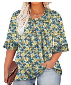 Micoson Blusa de manga 3 4 con volantes para mujer, talla grande, cuello en V, plisada, ajuste holgado, blusa tipo túnica